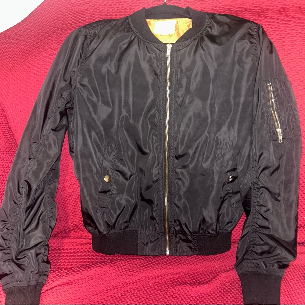 Classic Black Bomber Jacket Size S w/ Rescue Orange Lining MA-1 Style
